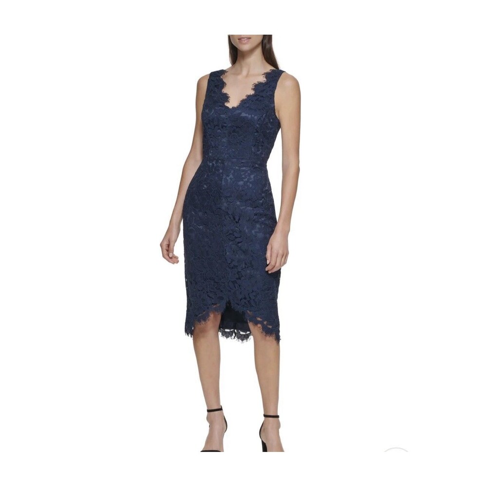 Eliza J Lace Floral Sleeveless V Neck Formal Hi-Lo Dress In Blue Sz 12 New